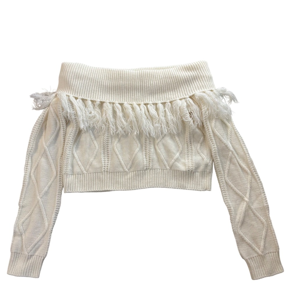 Endless Rose Off The Shoulder Fringe Cable Knit Chunky Cropped Sweater Ivory XS